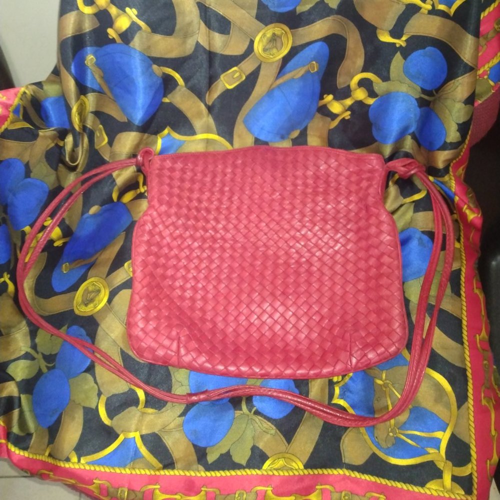 ❤️BOTTEGA VENETA Italy Red Nappa Intrecciato Flap Crossbody Bag Tote Purse